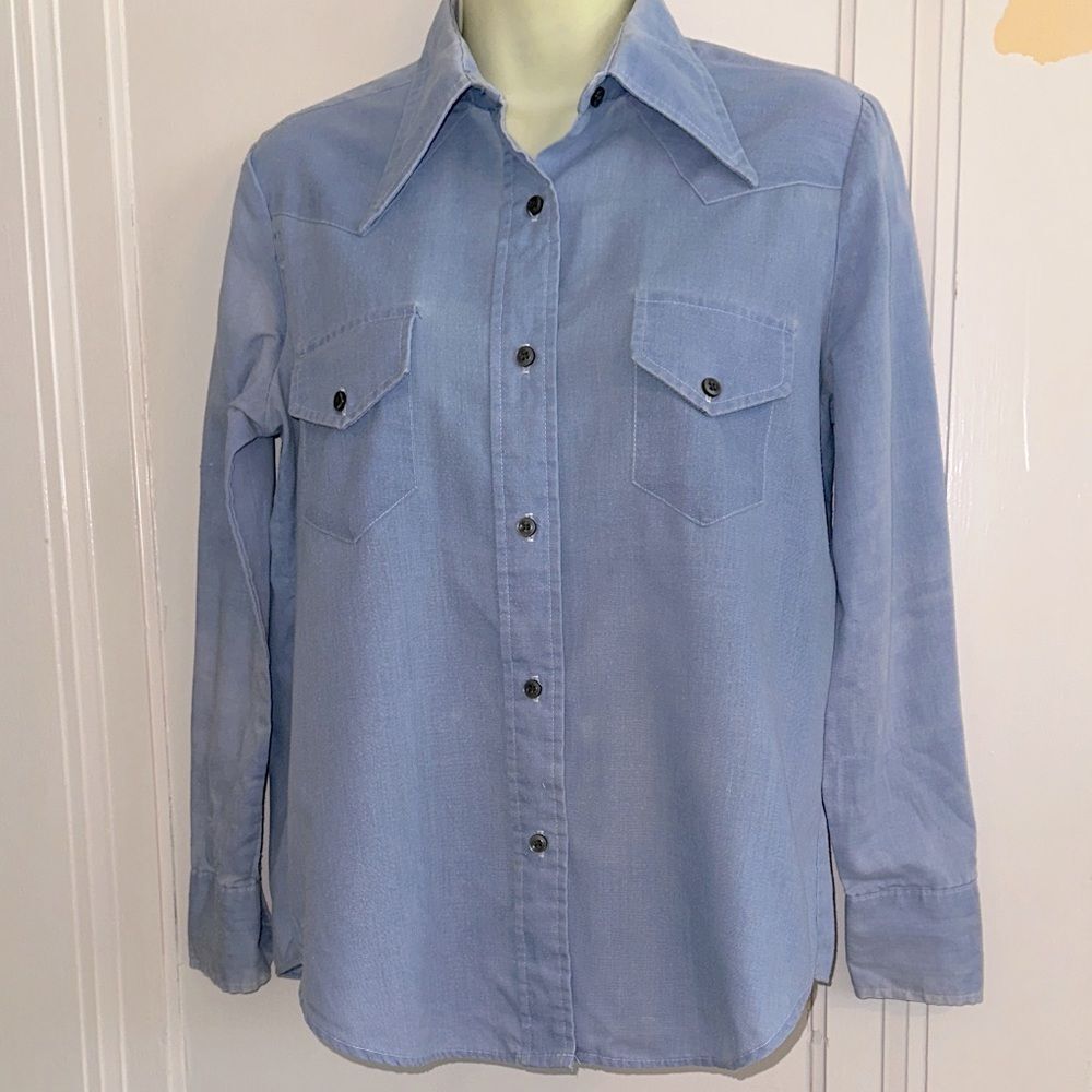 Vintage 70s Western Light Blue Cotton/Polyester Long Sleeve Shirt